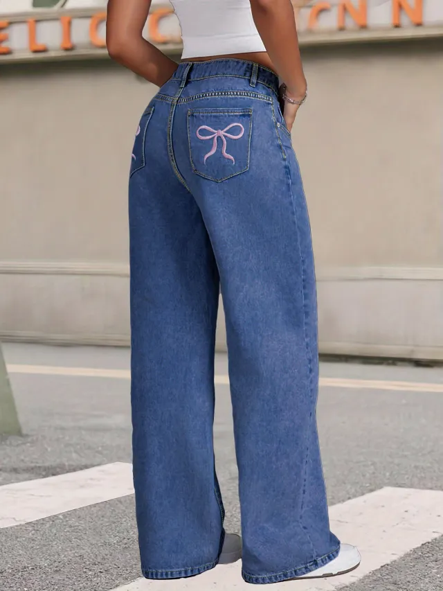 Bow knot Embroidered Trendy Loose fit Casual Jeans Blue - Shop at LoveMi