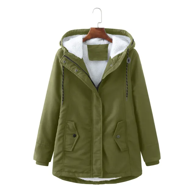 European Size Ladies Hooded Lambswool Parka Winter Warm Waist Women's Cotton padded Coat Army Green - Shop at LoveMi