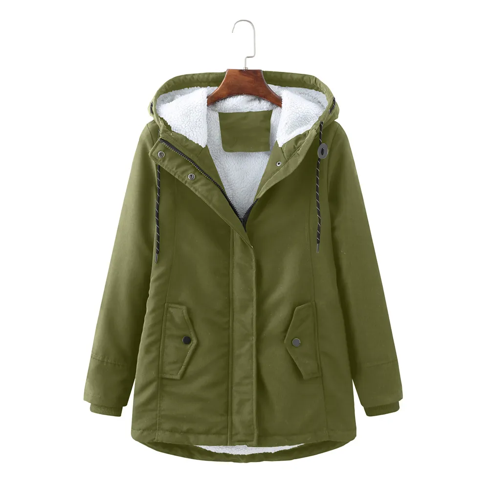 European Size Ladies Hooded Lambswool Parka Winter Warm Waist Women's Cotton-padded Coat - Army Green
