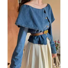 Lapel Long Sleeve Denim Waist-controlled Top Mid-length Skirt - Top-M - View 1