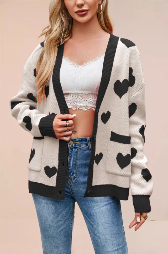Heart Peach Knitted Cardigan Pocket V neck Common Style Coat Black And Apricot - Shop at LoveMi