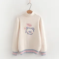 Women's Loose Cartoon Embroidery Half Turtleneck Pullover - Beige - View 1