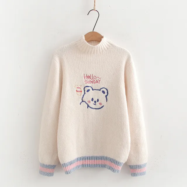 Women's Loose Cartoon Embroidery Half Turtleneck Pullover Beige - Shop at LoveMi