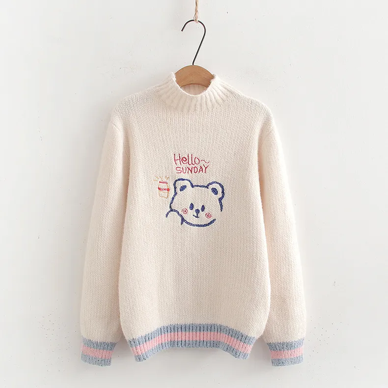 Women's Loose Cartoon Embroidery Half Turtleneck Pullover - Beige