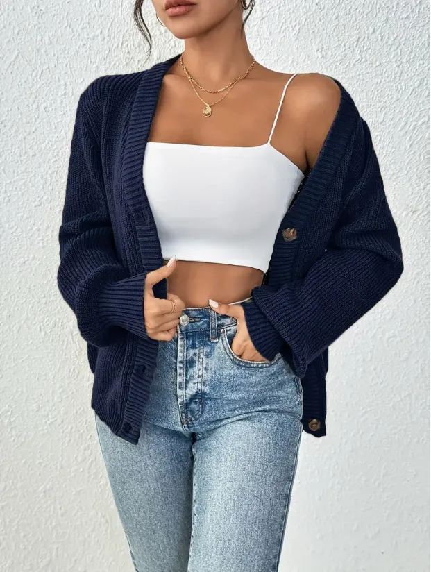 Autumn And Winter Solid Color Sweater Casual All-match Knitted Coat - Dark Blue