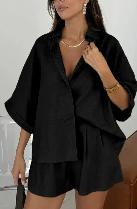 Fashion Polo Collar Half Sleeve Top And Shorts Two piece Set Black - Shop at LoveMi