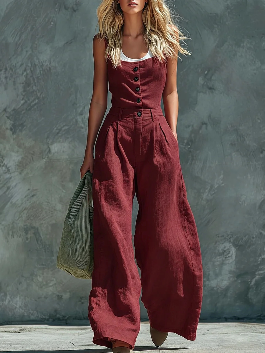 Women's Retro High-Waist Wide-Leg Jumpsuit in Orange Red – vintage button closure elegant
