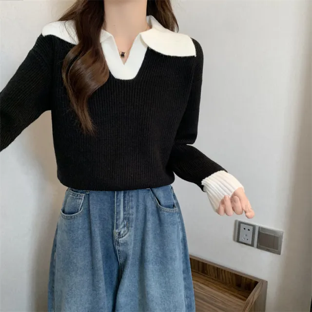 Contrast Color Polo Collar Soft Glutinous Sweater Women's Autumn And Winter Black - Shop at LoveMi