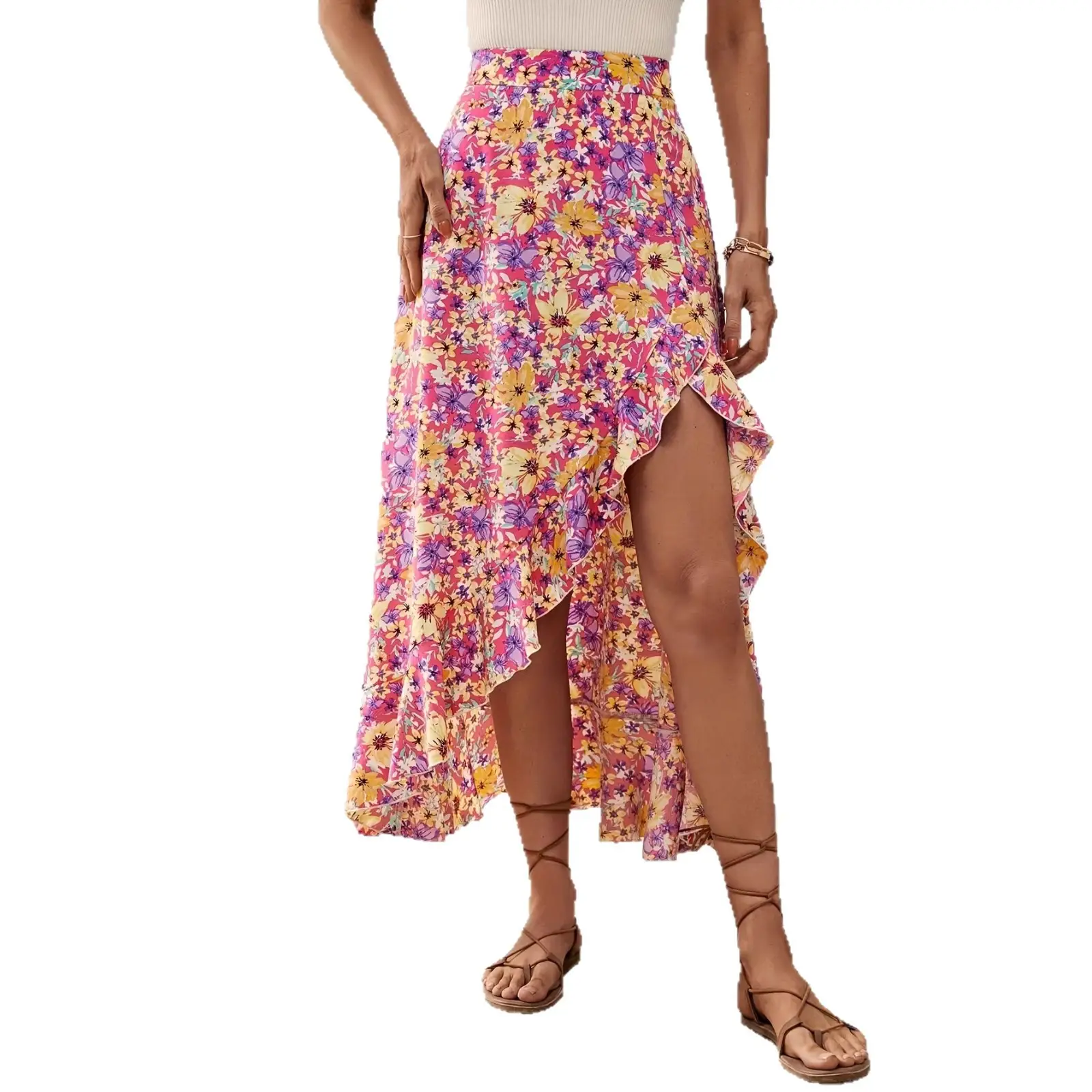 Irregular Ruffled Floral Mini Skirt For Women