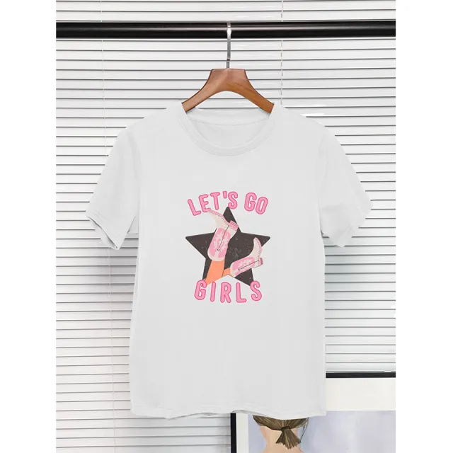 European And American Round Neck T shirt 100 Cotton Denim Girl Boots Printing White - Shop at LoveMi