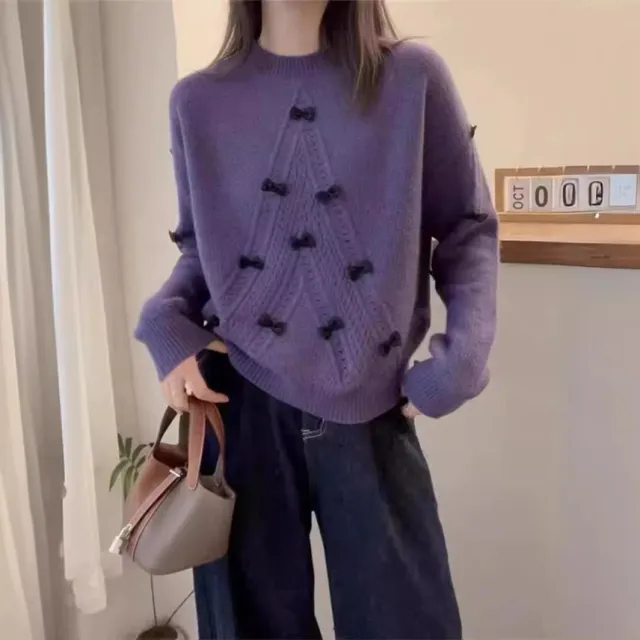 Round Neck Long Sleeve Hollow Bow Three dimensional Anti aging Fashion Sweater Purple - Shop at LoveMi