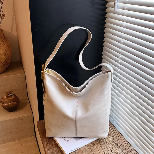 Large capacity Textured Soft Leather Bag In A Korean style Single shoulder Design Beige - Shop at LoveMi