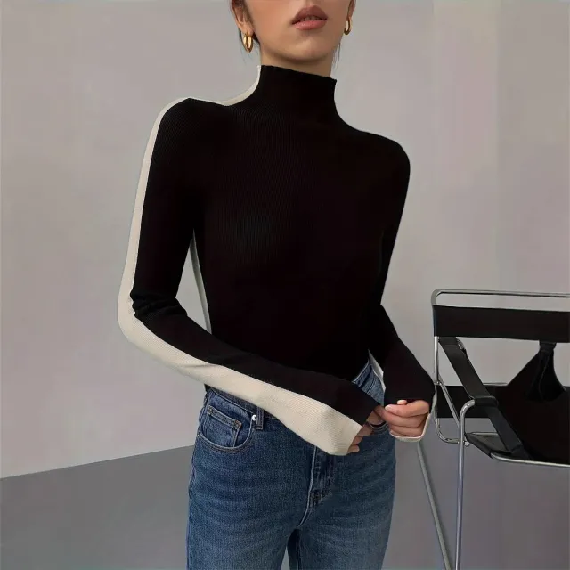 Black With High Collar Knitted New Versatile Long Sleeves White - Shop at LoveMi