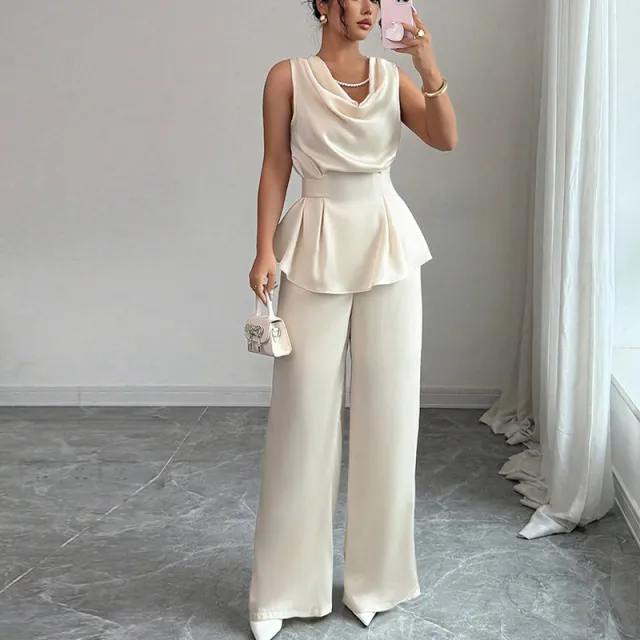 Women's Sleeveless Top Straight leg Trousers Suit Apricot - Shop at LoveMi