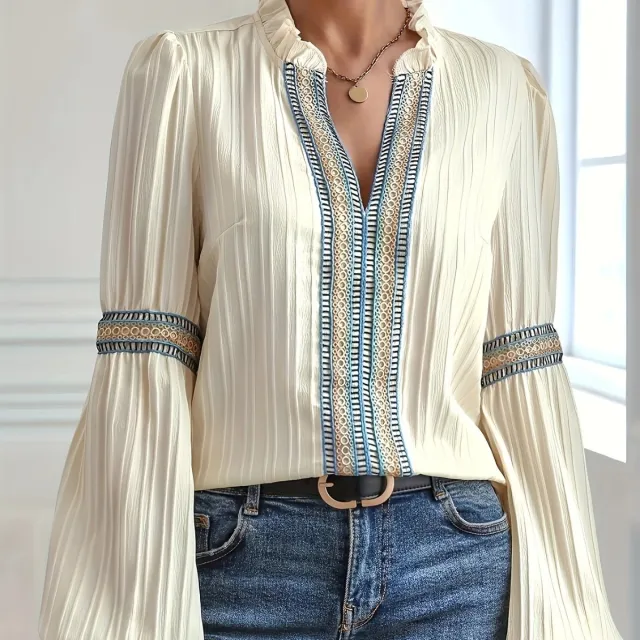 Lantern Sleeve Loose And Simple Plain Lace V neck Patchwork Shirt Beige - Shop at LoveMi