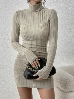 Solid Colour Casual Slim-fit Home Dress For Women - Beige - View 1