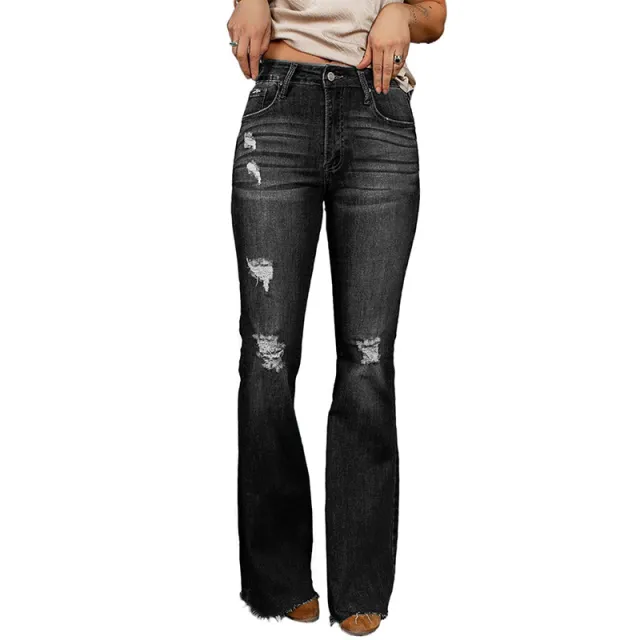 Women's High Waist Slim Jeans Washed And Frayed Wide Leg Pants Trousers Black - Shop at LoveMi