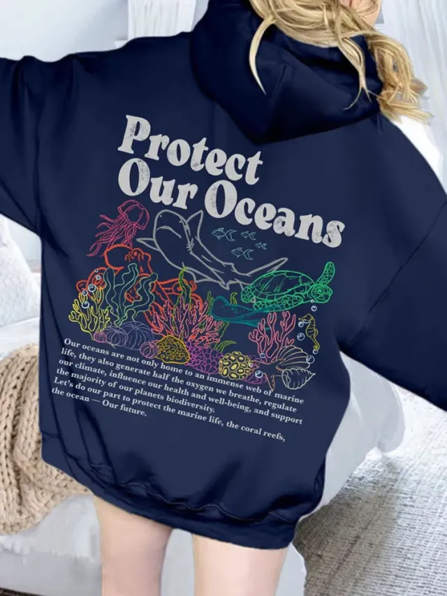 Sweater Women's Loose Protect Our Oceans Hoodie Blue - Shop at LoveMi