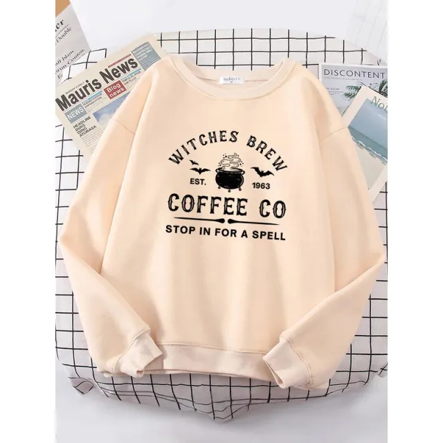 Witches Make Coffee Straight Letter Hoodie Letter Print Beige - Shop at LoveMi