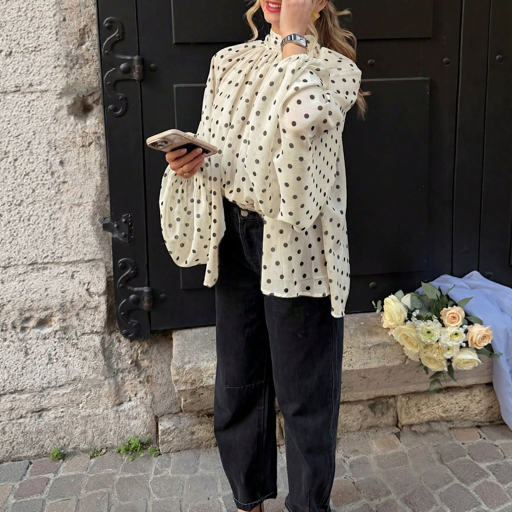 Stand-collar Puff-sleeve Loose-fit Retro Polka-dot Long-sleeve Shirt