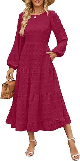 Autumn Long Sleeve Dress Casual Round Neck - Wine