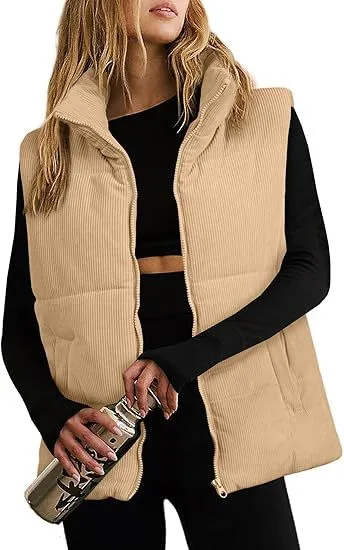 Women's Fashion Leisure Corduroy Plaid Zipper Cotton Vest Khaki - Shop at LoveMi