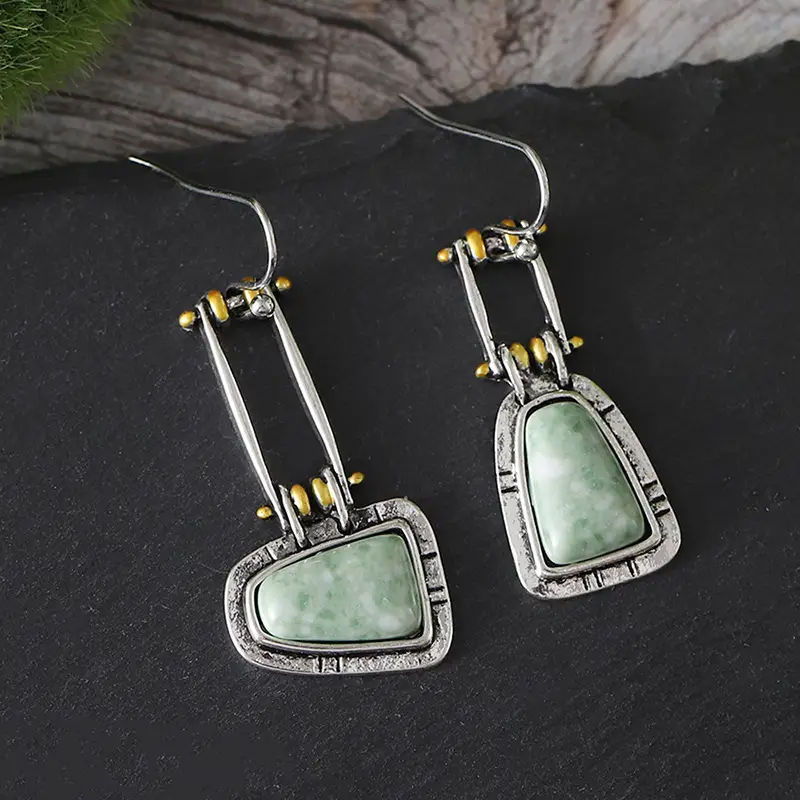 Retro Trapezoidal Turquoise Homalomena Wallisii Earrings