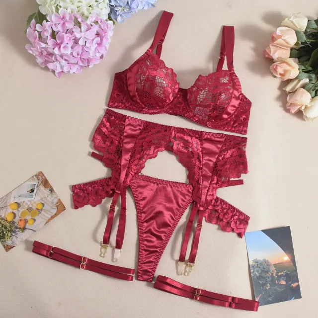 See through Dress Satin Lace Stitching Bra Sexy Seduction Wine Red - Shop at LoveMi