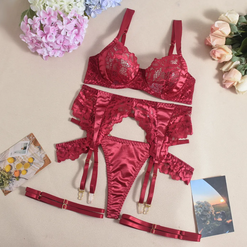 See-through Dress Satin Lace Stitching Bra Sexy Seduction - Wine Red