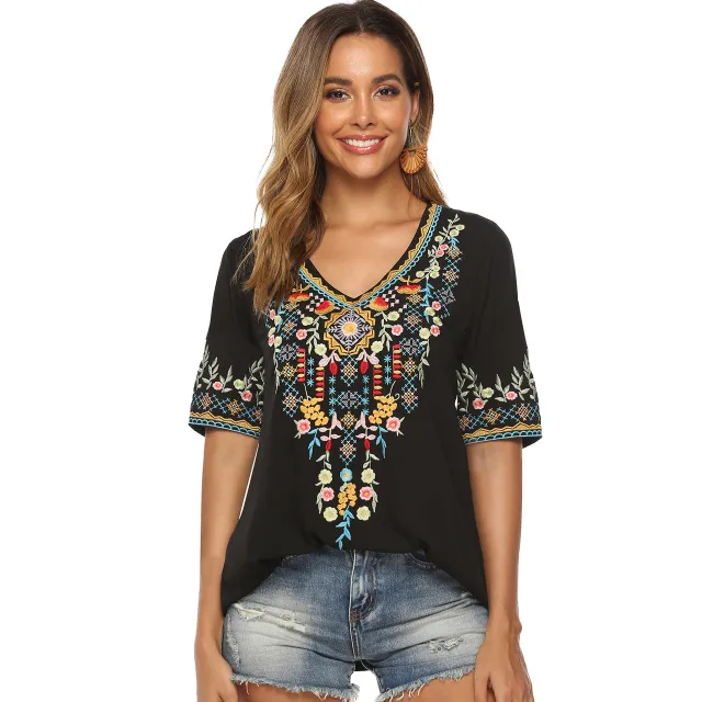 European And American Embroidered V neck Top Black - Shop at LoveMi