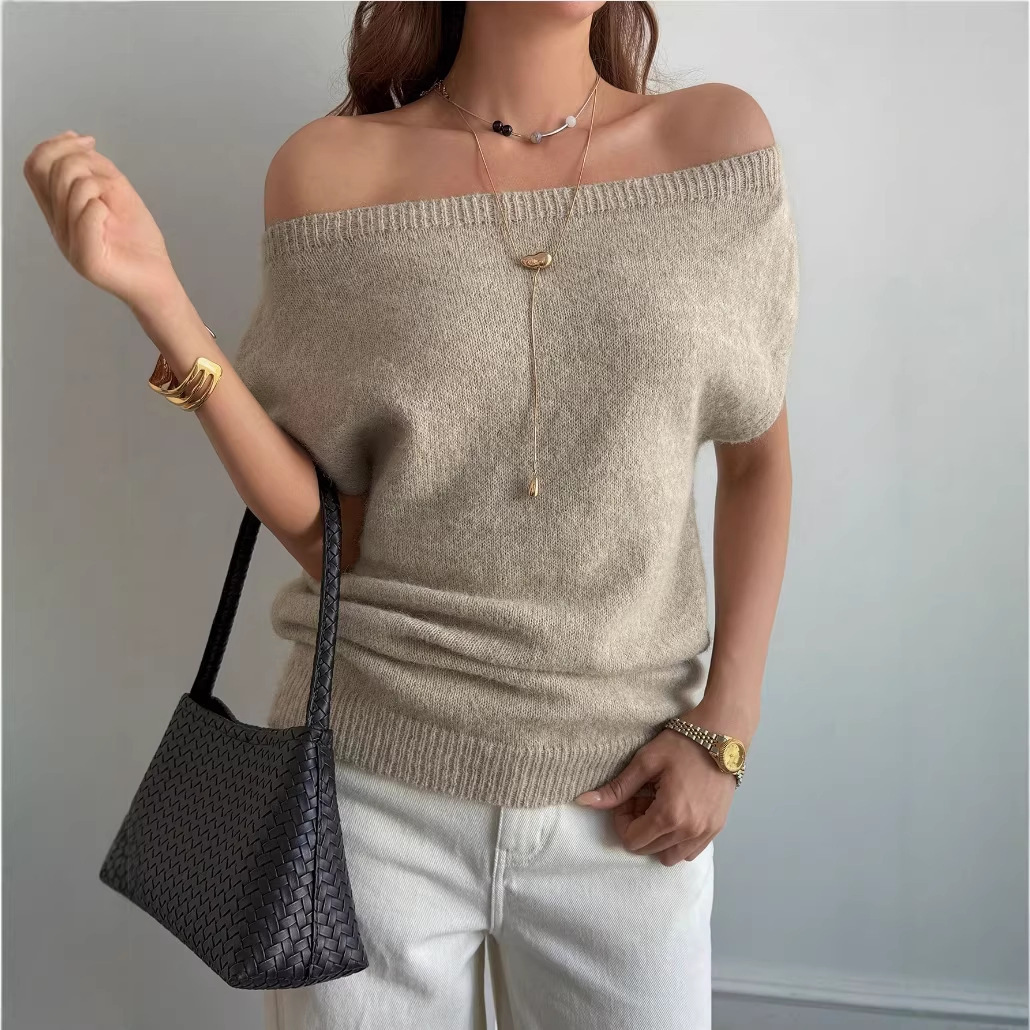 Womens Off-shoulder Short-sleeve Knit Top
