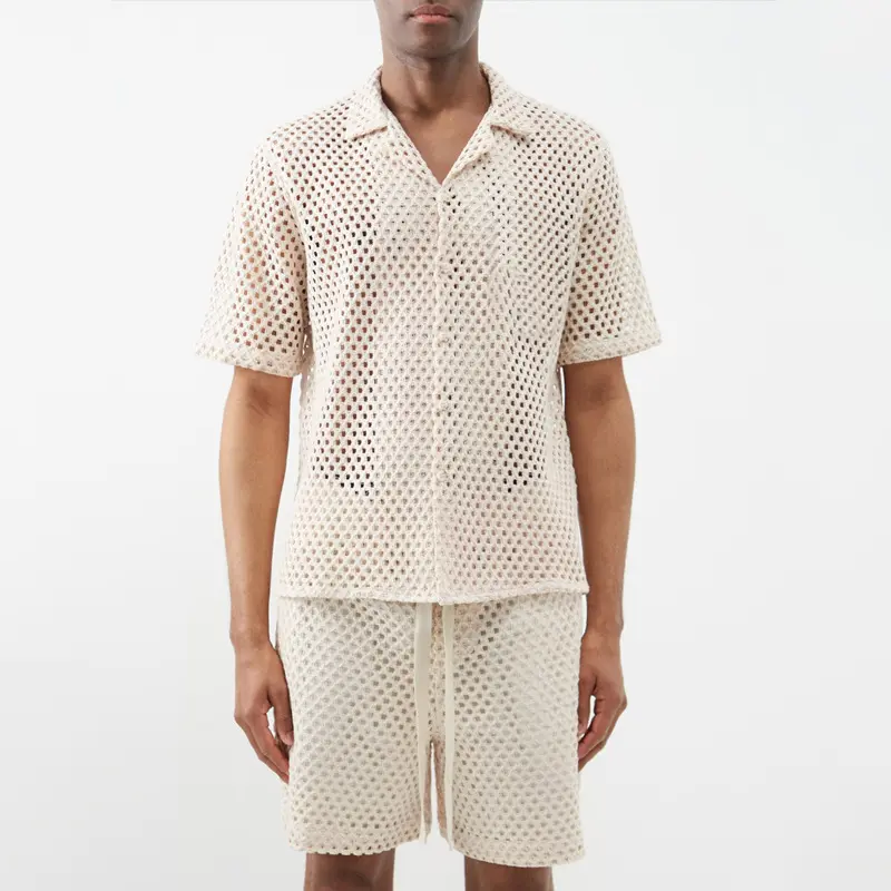 Solid-color Hollow-out Mens Suit Short-sleeve Shirt