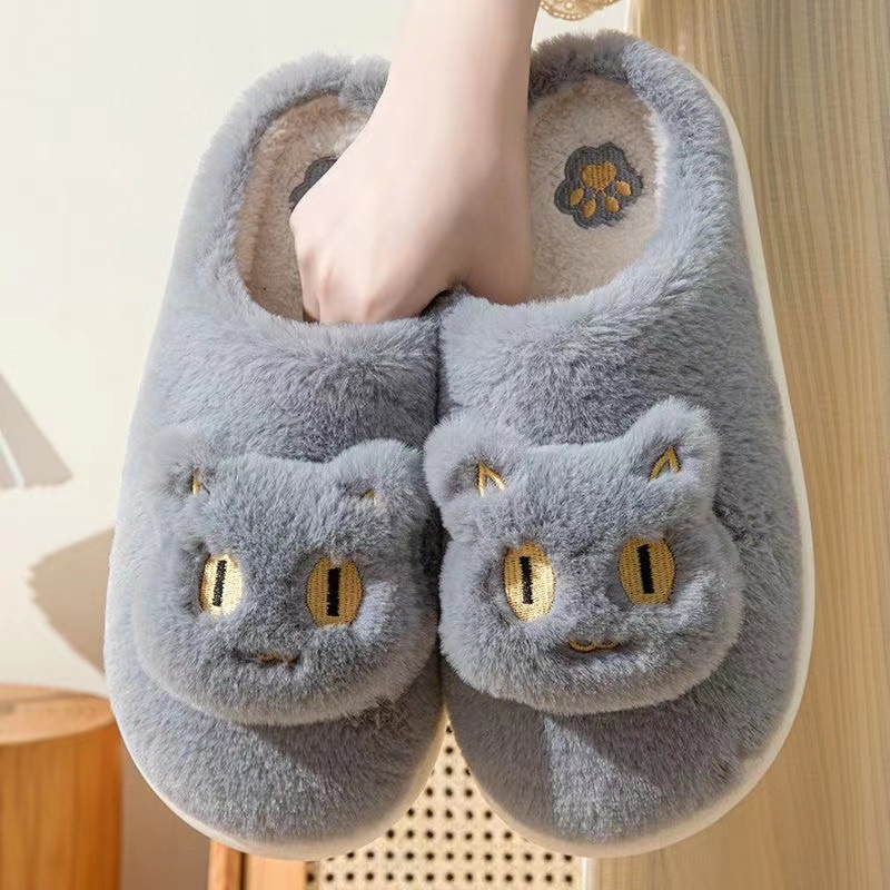Plush Cute Cat Face Plush Cotton Slippers Soft Comfy Warm Slip-On House Slides - Picture 7 of 9