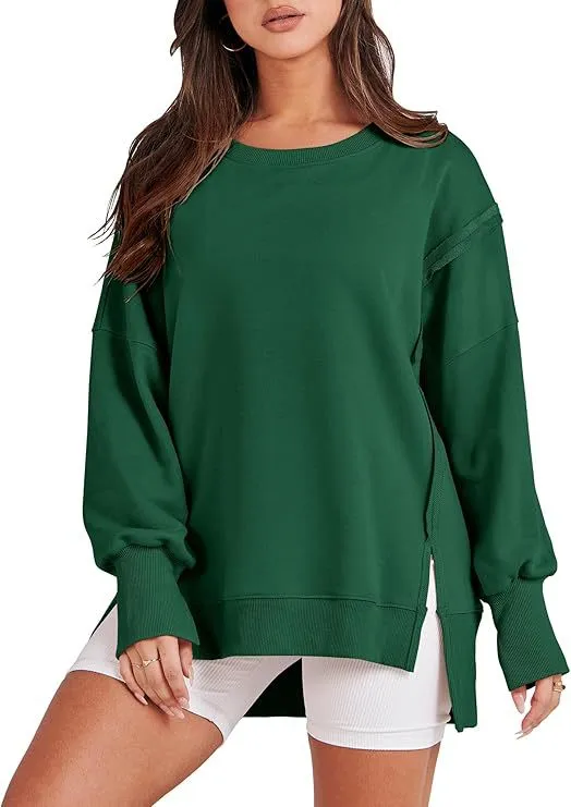 Round Neck Long Sleeve Top Female Frayed Hem Split Patchwork Sweater Green - Shop at LoveMi