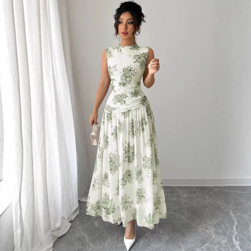 Womens Elegant Round-Neck Sleeveless Printed Waist-Cinching Dress