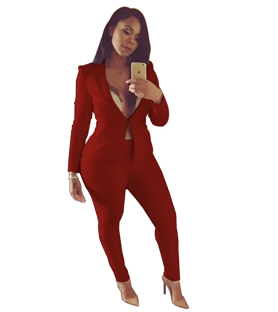 Solid Color Plus Size Suit Pants Two-piece Set - Wine Red
