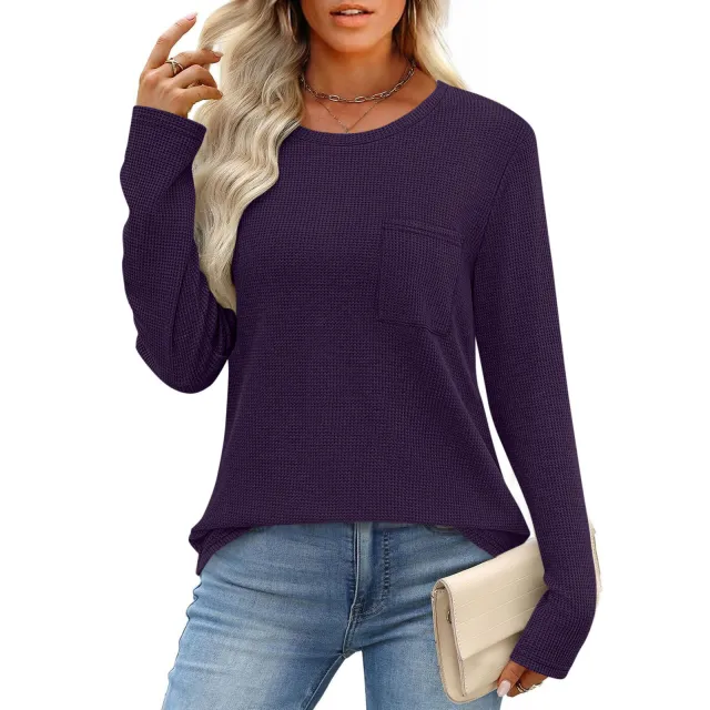 Women's Long Sleeved Waffle Knit Top T Shirt Dark Purple - Shop at LoveMi
