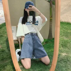 Women's High Waist Straight Loose Wide Leg Denim Shorts - Blue - View 1