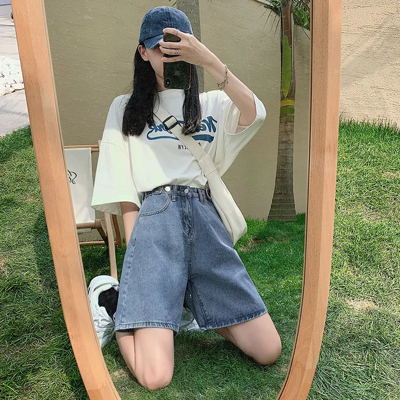 Women's High Waist Straight Loose Wide Leg Denim Shorts - Blue