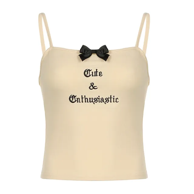 Bow Stitching Letter Embroidered Strap Slim Vest Skin Color - Shop at LoveMi