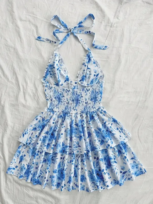 New SpringSummer European And American style Camisole Top And Audrey Hepburn inspired Designer Floral Dress Blue - Shop at LoveMi