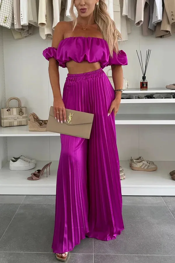 Women's Fashion Satin Tube Top Wide Leg Pants Suit Rose Red - Shop at LoveMi