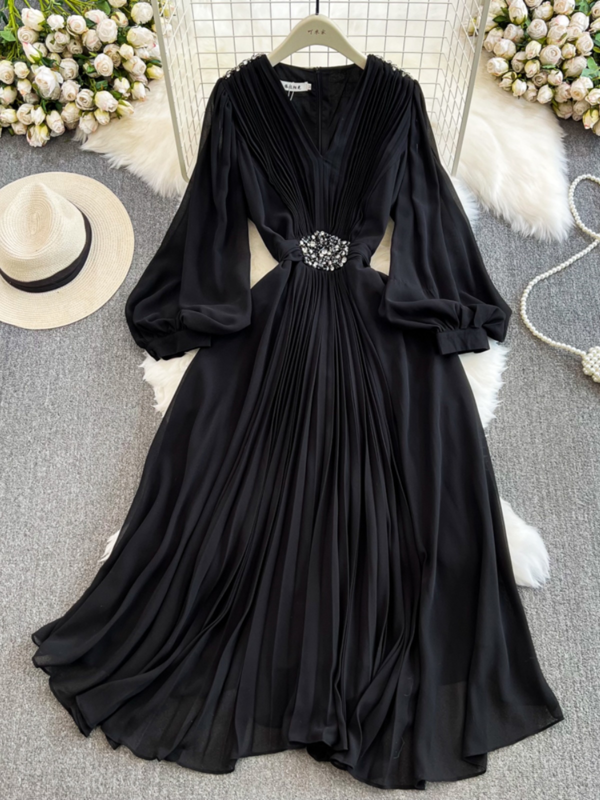 Seaside Holiday Waist Slimming A- Line Chiffon Pleated Dress Elegant Large Swing Dress