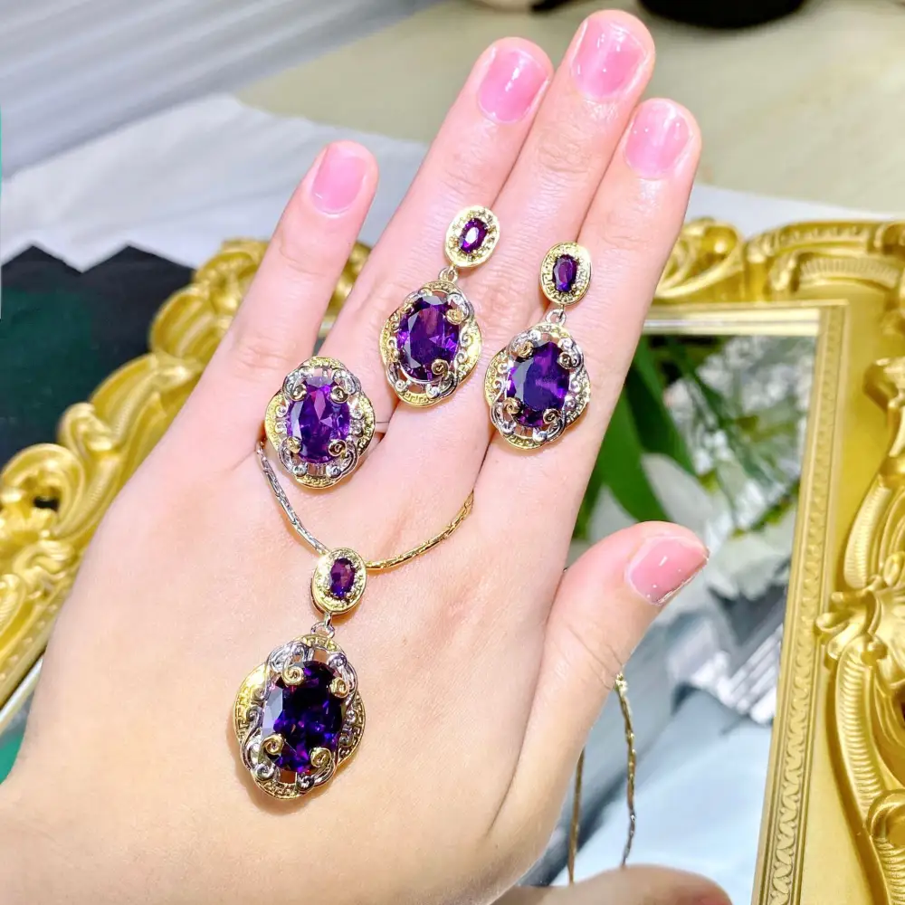 Double Color Gold Amethyst Carved Craft Purple Diamond Suit