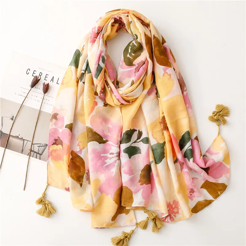 New Blooming Color Cotton And Linen Feel Scarf Soft Shawl - Yellow