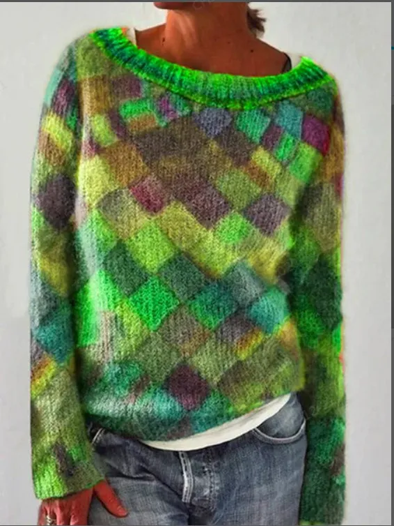 Printed Long Sleeve Collar Sweater Women's Polyester Multi color Retro Green - Shop at LoveMi