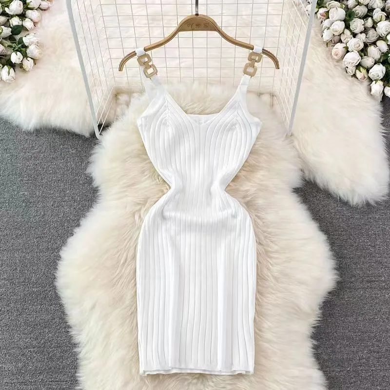 Metal Decorative Sling Woolen Skirt Slimming Hip Knitwear Dress - White