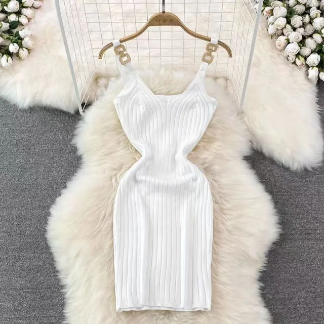 Metal Decorative Sling Woolen Skirt Slimming Hip Knitwear Dress White - Shop at LoveMi