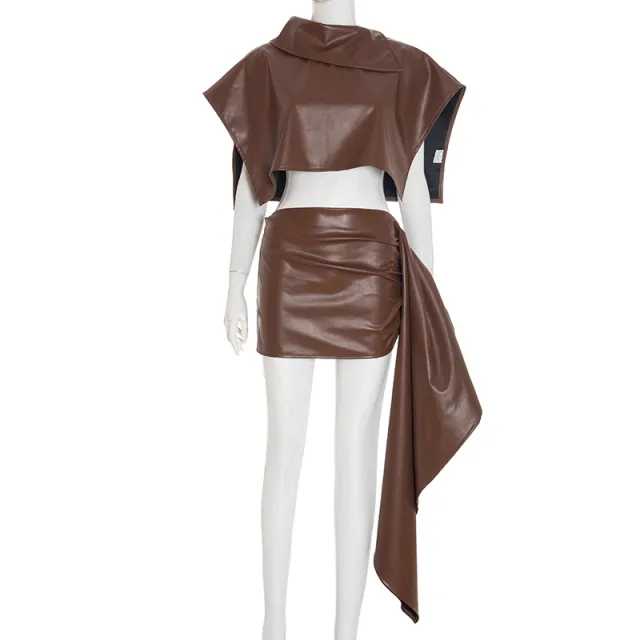 Women's Autumn And Winter New Sexy Irregular Top Ribbon Skirt Leather Suit Coffee Color - Shop at LoveMi