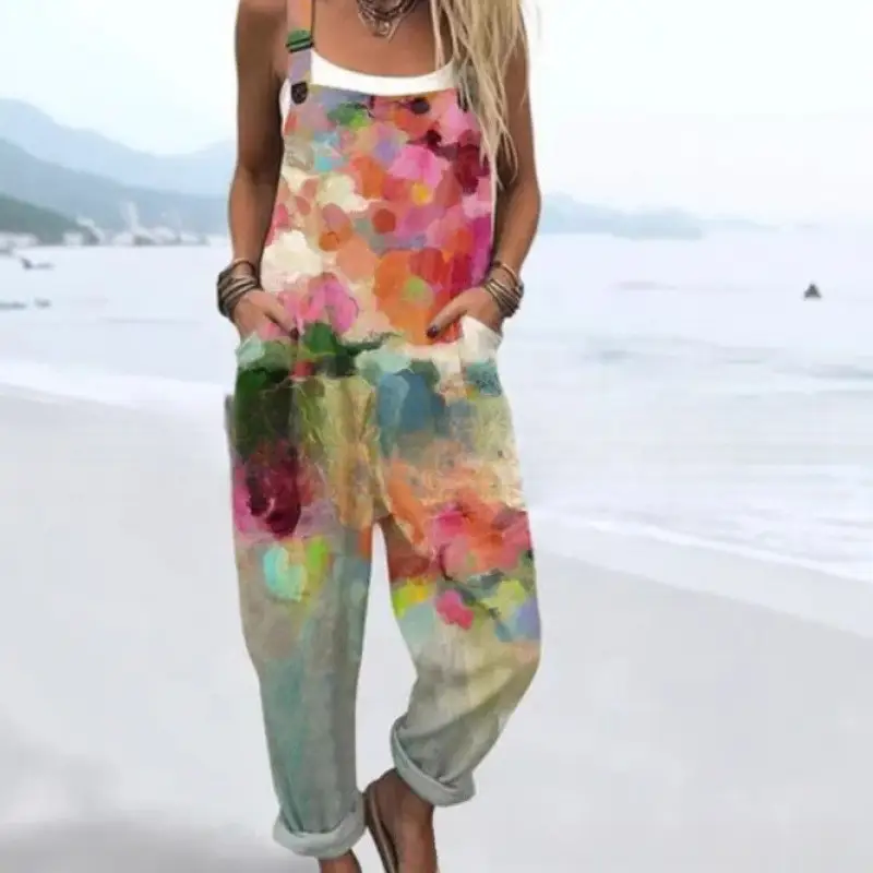 Digital Printing Button Casual Suspender Trousers